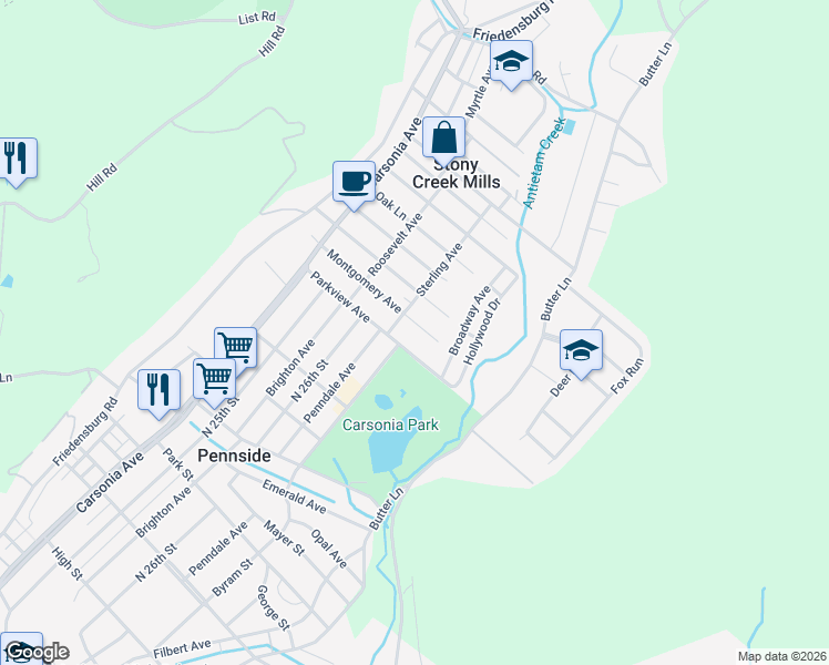 map of restaurants, bars, coffee shops, grocery stores, and more near 360 Montgomery Avenue in Reading
