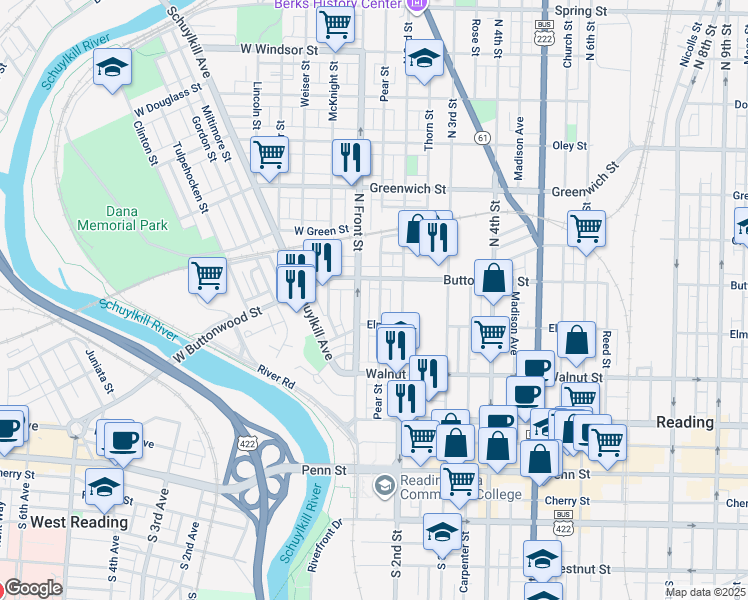 map of restaurants, bars, coffee shops, grocery stores, and more near 338 Pear Street in Reading