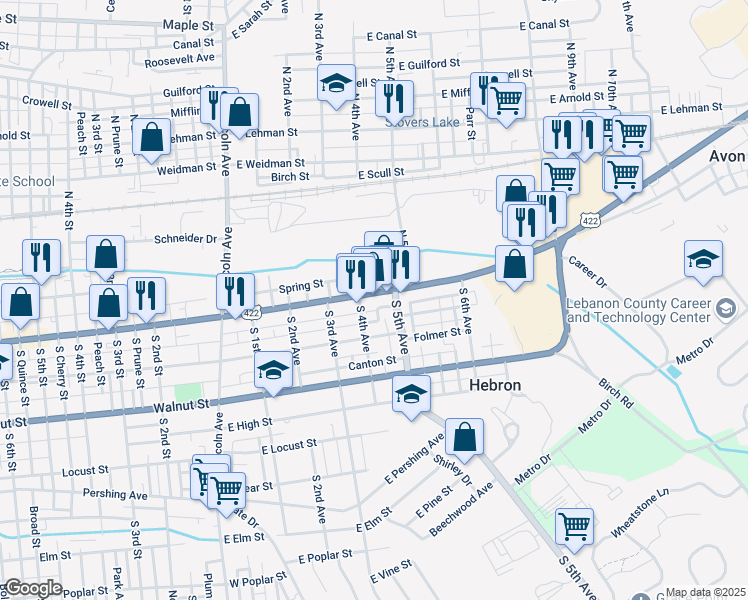 map of restaurants, bars, coffee shops, grocery stores, and more near 420 East Cumberland Street in Lebanon