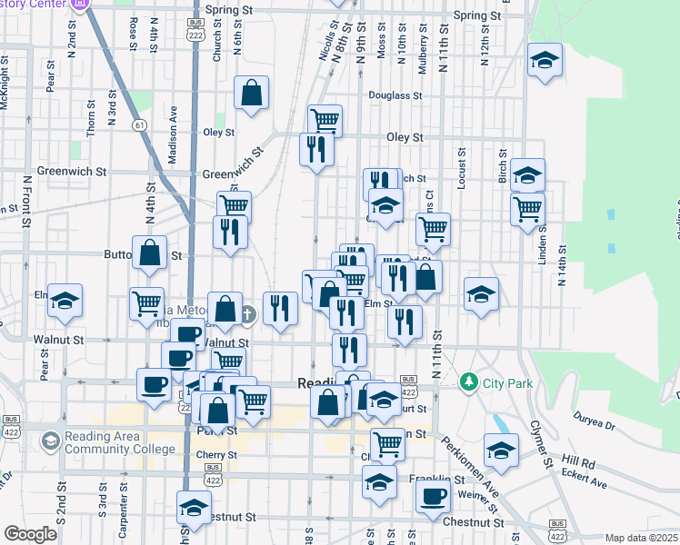 map of restaurants, bars, coffee shops, grocery stores, and more near 348 Cedar Street in Reading