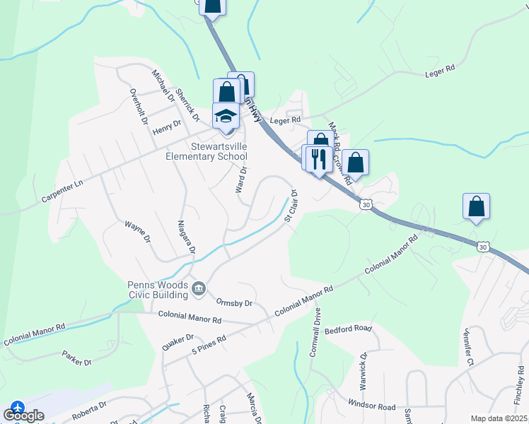 map of restaurants, bars, coffee shops, grocery stores, and more near 164 Anderson Road in Irwin