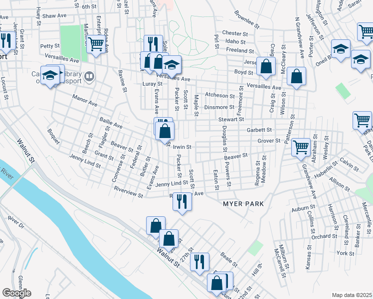 map of restaurants, bars, coffee shops, grocery stores, and more near 1700 Scott Street in McKeesport