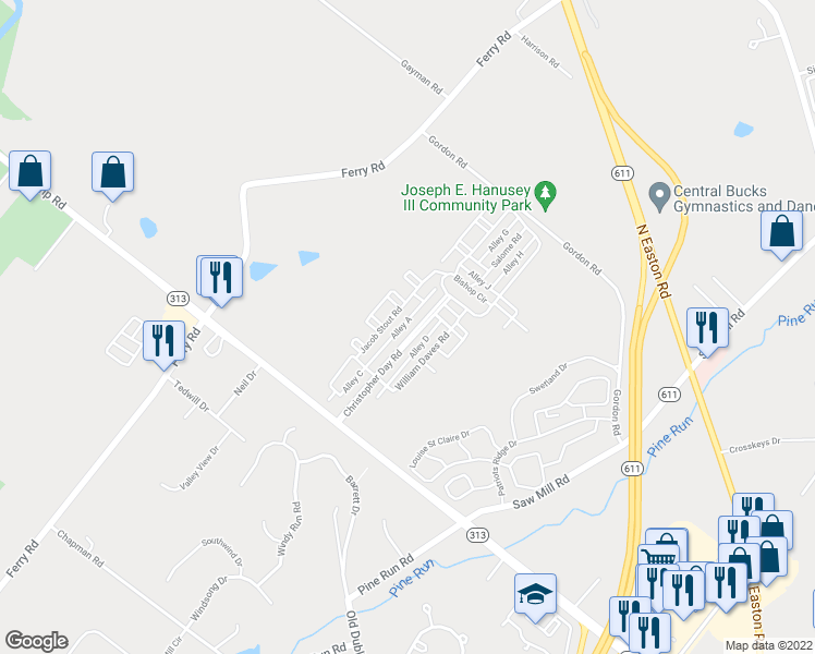 map of restaurants, bars, coffee shops, grocery stores, and more near 3759 Christopher Day Road in Doylestown