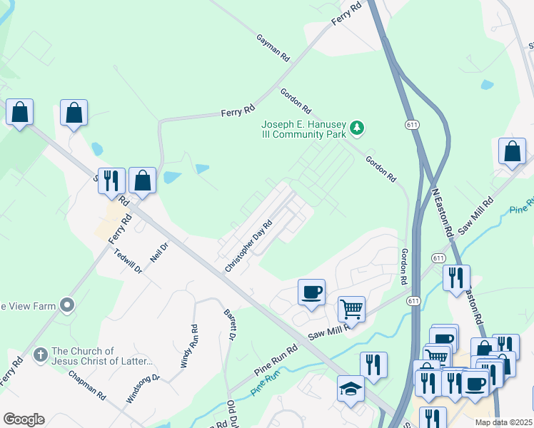 map of restaurants, bars, coffee shops, grocery stores, and more near 3759 Christopher Day Road in Doylestown