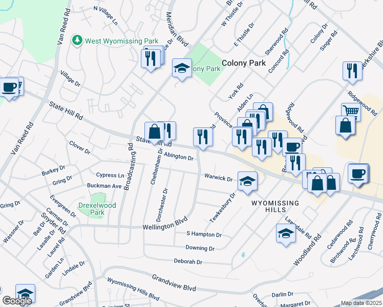 map of restaurants, bars, coffee shops, grocery stores, and more near 4 Wellington Blvd in Wyomissing
