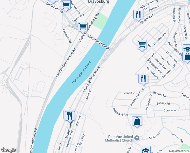 map of restaurants, bars, coffee shops, grocery stores, and more near 522 Monongahela Avenue North in Glassport