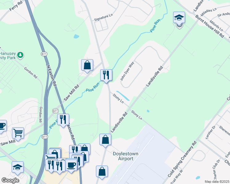 map of restaurants, bars, coffee shops, grocery stores, and more near 4387 Stony Lane in Doylestown