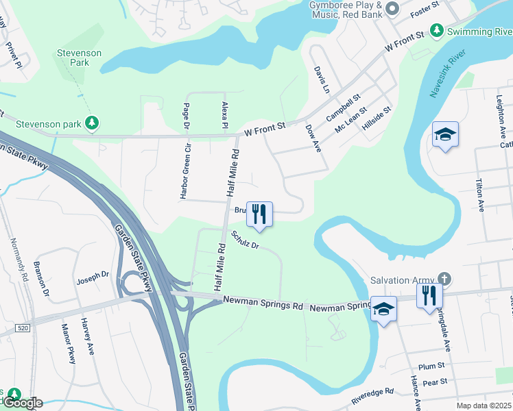 map of restaurants, bars, coffee shops, grocery stores, and more near 134 Bruce Road in Red Bank