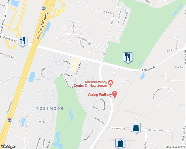 map of restaurants, bars, coffee shops, grocery stores, and more near 49A Old Nassau Road in Monroe Township