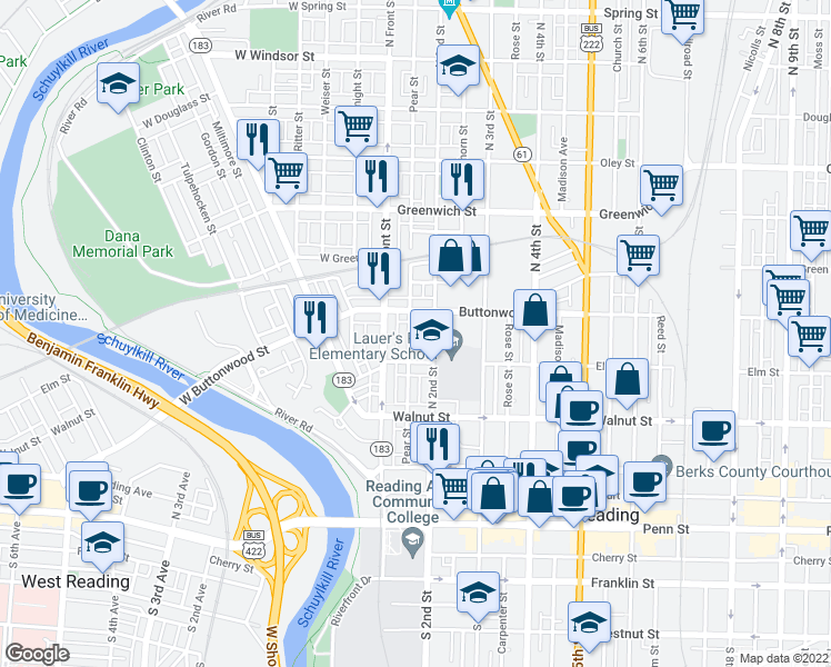 map of restaurants, bars, coffee shops, grocery stores, and more near 339 Pear St in Reading