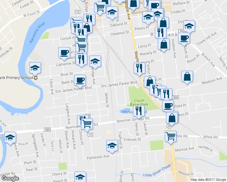 map of restaurants, bars, coffee shops, grocery stores, and more near 77 Central Ave in Red Bank