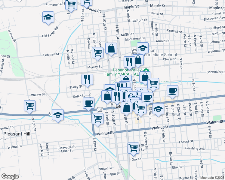 map of restaurants, bars, coffee shops, grocery stores, and more near 124 North 10th Street in Lebanon