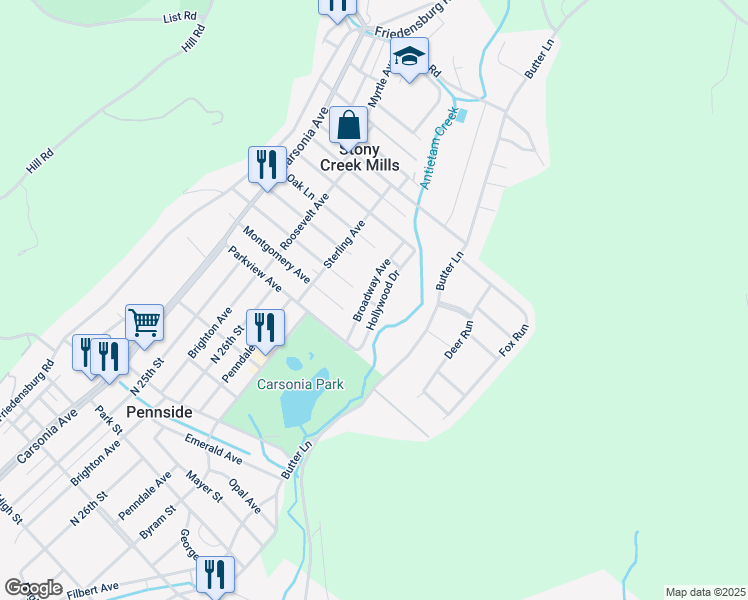 map of restaurants, bars, coffee shops, grocery stores, and more near 401 Melrose Avenue in Reading