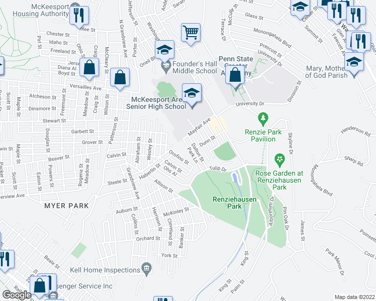 map of restaurants, bars, coffee shops, grocery stores, and more near 2026 Park Lane in McKeesport