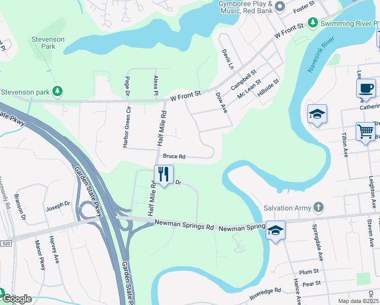 map of restaurants, bars, coffee shops, grocery stores, and more near 134 Bruce Road in Red Bank