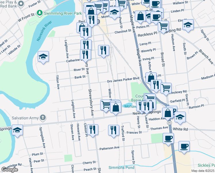 map of restaurants, bars, coffee shops, grocery stores, and more near 13 Willow Street in Red Bank