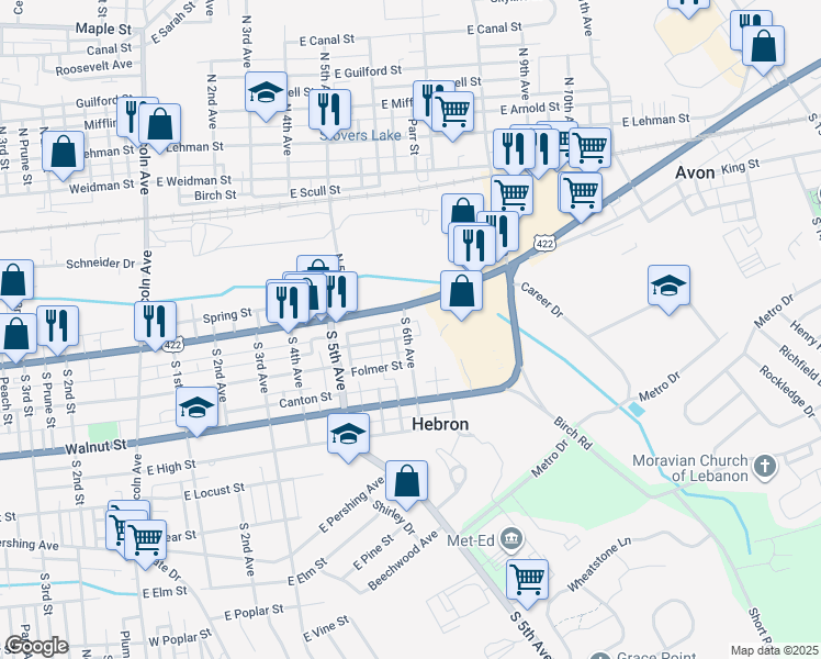 map of restaurants, bars, coffee shops, grocery stores, and more near 16 South 6th Avenue in Lebanon