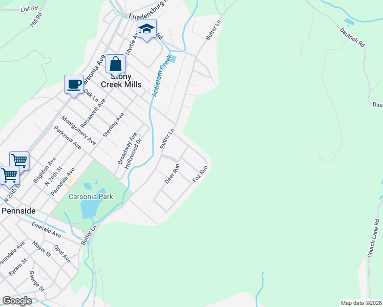 map of restaurants, bars, coffee shops, grocery stores, and more near 1291 Fox Run in Reading