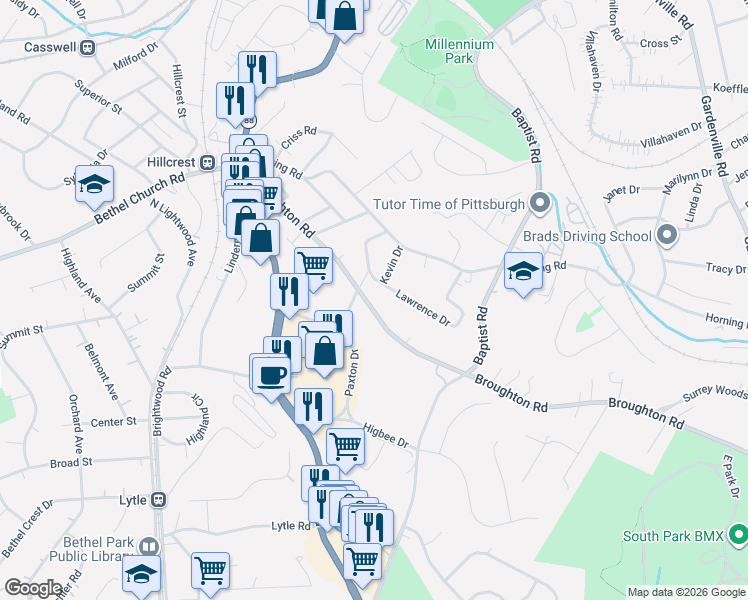 map of restaurants, bars, coffee shops, grocery stores, and more near 318 Broughton Road in Bethel Park