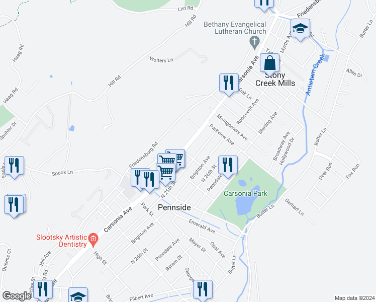 map of restaurants, bars, coffee shops, grocery stores, and more near 901 Carsonia Avenue in Reading