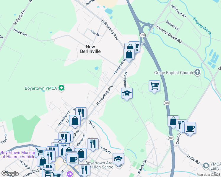 map of restaurants, bars, coffee shops, grocery stores, and more near 542 North Reading Avenue in Boyertown