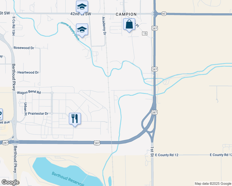 map of restaurants, bars, coffee shops, grocery stores, and more near 4904 South Iowa Avenue in Loveland