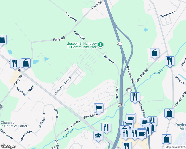 map of restaurants, bars, coffee shops, grocery stores, and more near 3876 Cephas Child Road in Doylestown