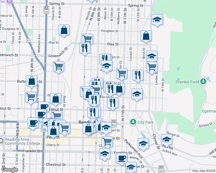 map of restaurants, bars, coffee shops, grocery stores, and more near 344 North 10th Street in Reading