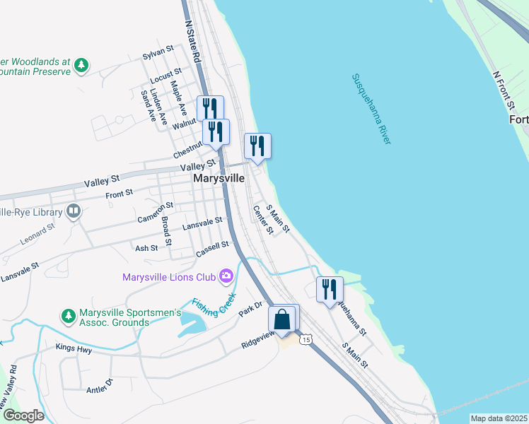 map of restaurants, bars, coffee shops, grocery stores, and more near 108 South Main Street in Marysville