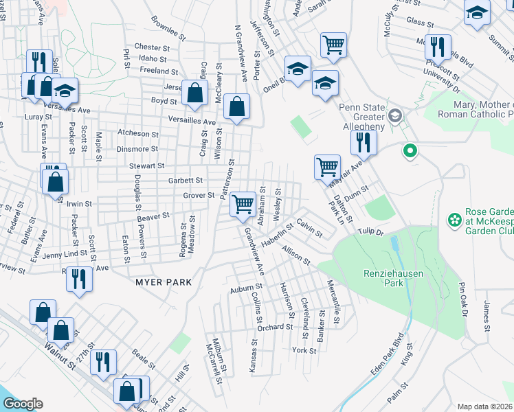 map of restaurants, bars, coffee shops, grocery stores, and more near 1712 Abraham Street in McKeesport