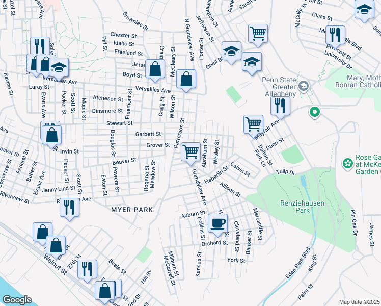 map of restaurants, bars, coffee shops, grocery stores, and more near 3418 Beaver Street in McKeesport