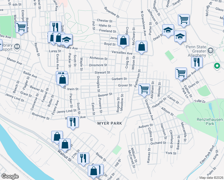 map of restaurants, bars, coffee shops, grocery stores, and more near 1713 Freemont Street in McKeesport