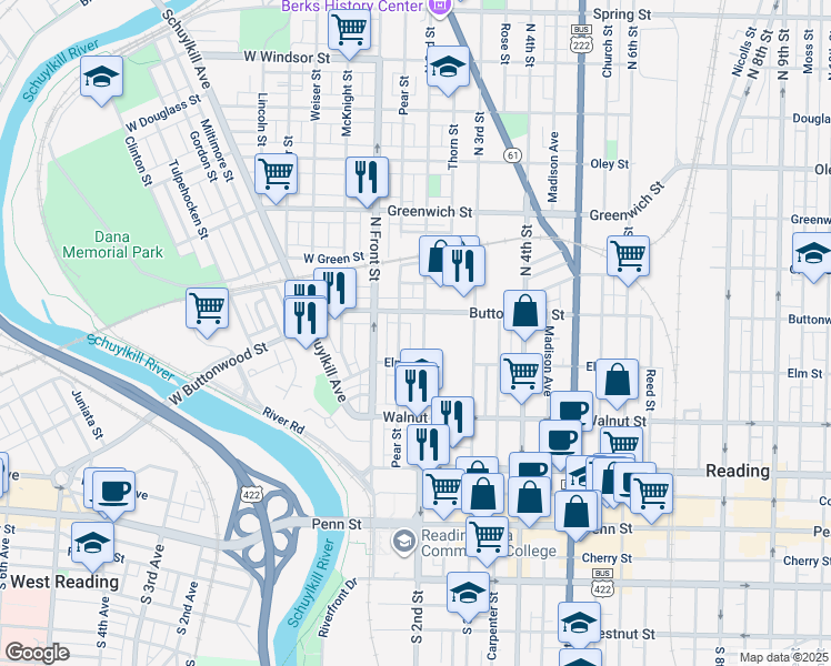 map of restaurants, bars, coffee shops, grocery stores, and more near 334 North 2nd Street in Reading