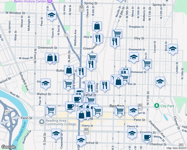 map of restaurants, bars, coffee shops, grocery stores, and more near 333 North 6th Street in Reading