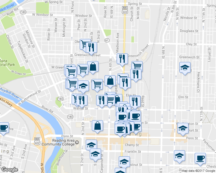 map of restaurants, bars, coffee shops, grocery stores, and more near 338 North 4th Street in Reading