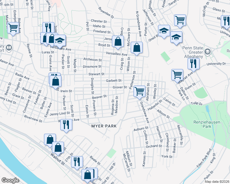 map of restaurants, bars, coffee shops, grocery stores, and more near 1712 Meadow Street in McKeesport