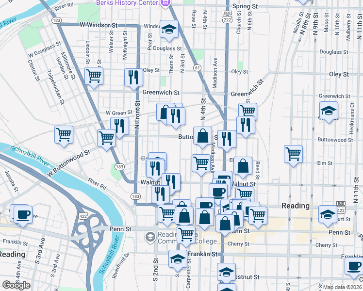map of restaurants, bars, coffee shops, grocery stores, and more near 347 North 3rd Street in Reading