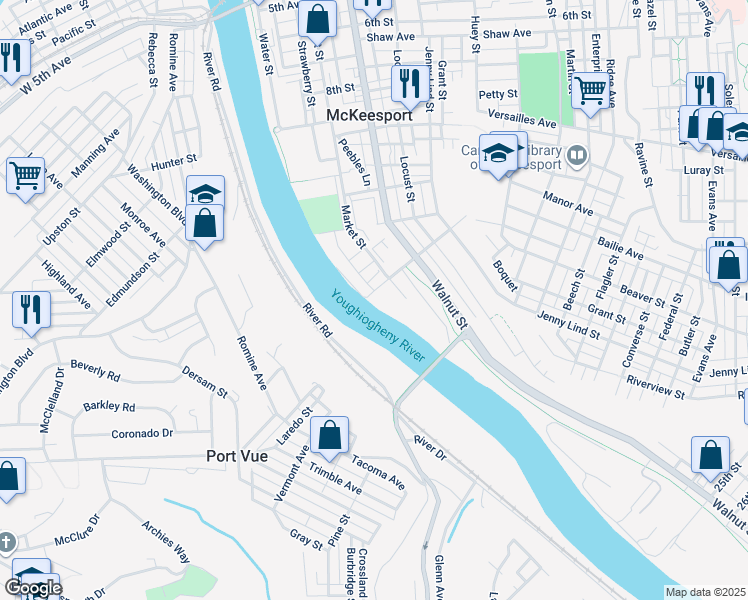 map of restaurants, bars, coffee shops, grocery stores, and more near 108 13th Street in McKeesport