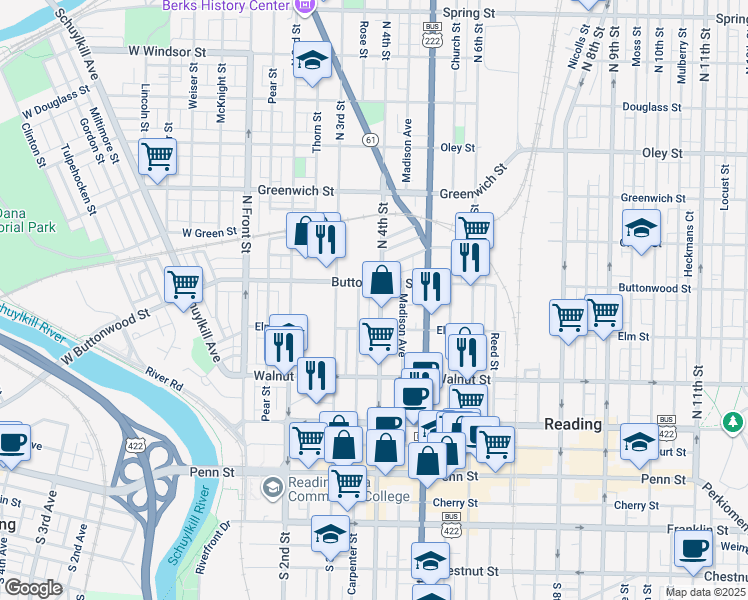map of restaurants, bars, coffee shops, grocery stores, and more near 338 North 4th Street in Reading