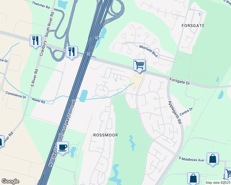 map of restaurants, bars, coffee shops, grocery stores, and more near 1B Old Nassau Road in Monroe Township