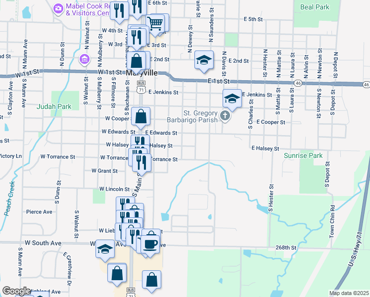 map of restaurants, bars, coffee shops, grocery stores, and more near 402 East Halsey Street in Maryville