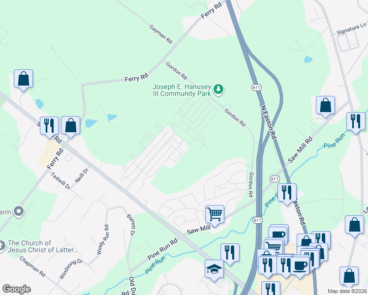 map of restaurants, bars, coffee shops, grocery stores, and more near 3832 William Daves Road in Doylestown