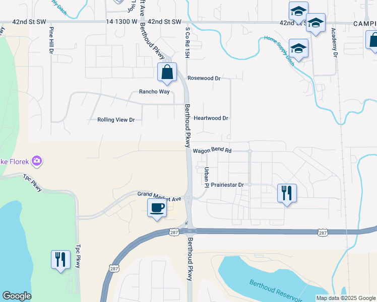 map of restaurants, bars, coffee shops, grocery stores, and more near 1070 Wagon Bend Road in Loveland