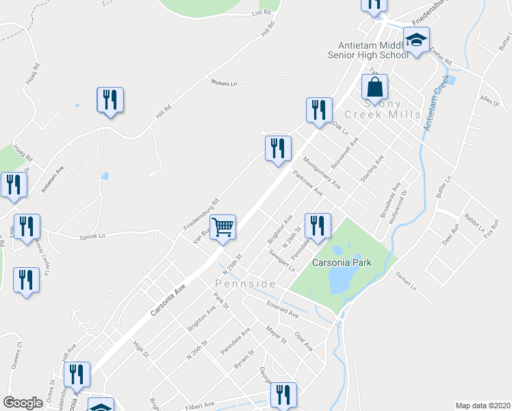 map of restaurants, bars, coffee shops, grocery stores, and more near 854 Carsonia Avenue in Reading