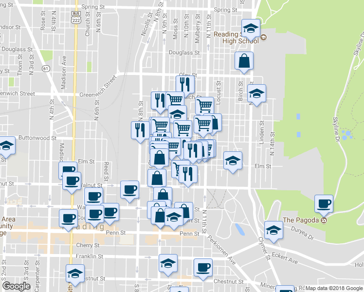 map of restaurants, bars, coffee shops, grocery stores, and more near 344 N 10th St in Reading