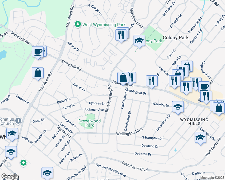 map of restaurants, bars, coffee shops, grocery stores, and more near 1922 Andre Court in Wyomissing