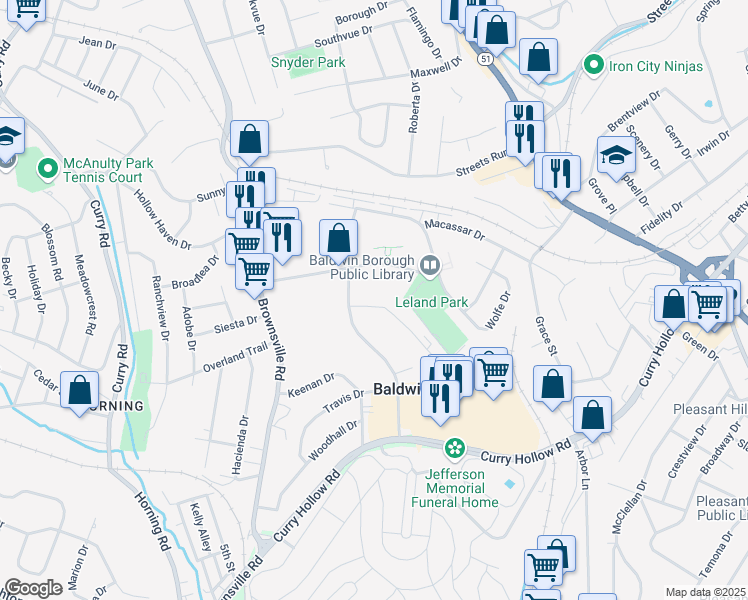 map of restaurants, bars, coffee shops, grocery stores, and more near 5355 Youngridge Drive in Pittsburgh