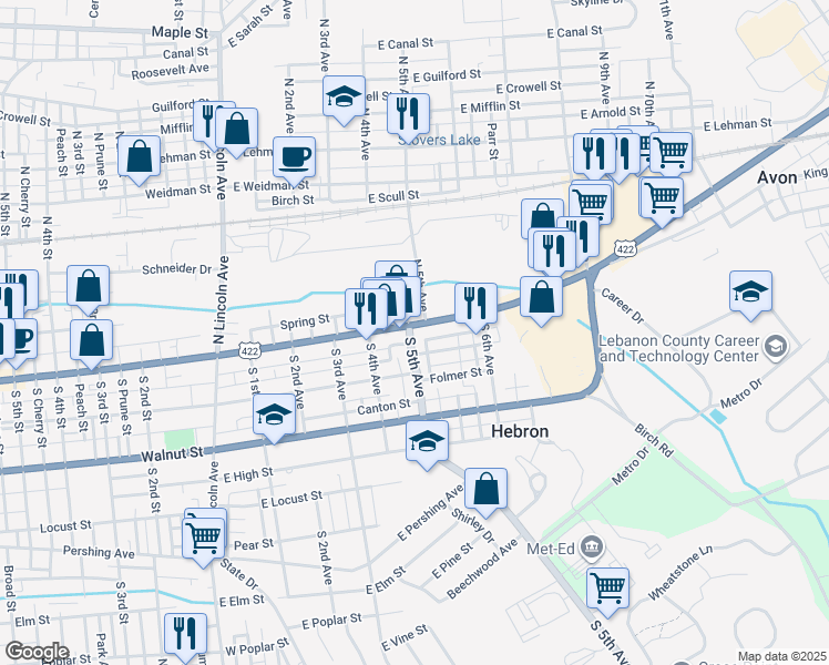 map of restaurants, bars, coffee shops, grocery stores, and more near 452 East Cumberland Street in Lebanon