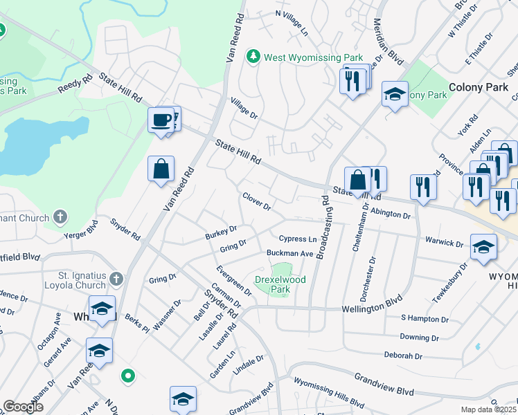 map of restaurants, bars, coffee shops, grocery stores, and more near 910 Clover Drive in Wyomissing