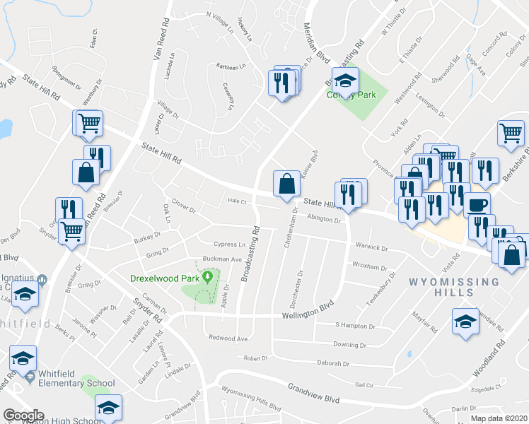 map of restaurants, bars, coffee shops, grocery stores, and more near 1918 Andre Court in Wyomissing